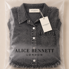 Kaelia | Frayed-Hem Denim Shirt Dress in Alice Bennett London packaging