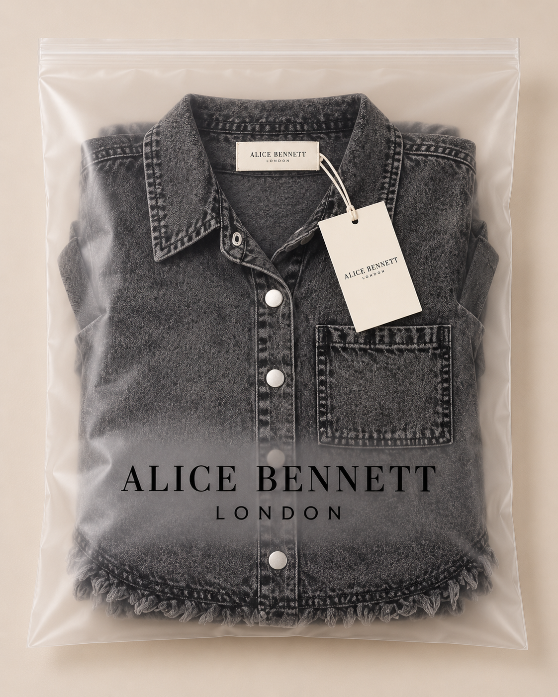 Kaelia | Frayed-Hem Denim Shirt Dress in Alice Bennett London packaging