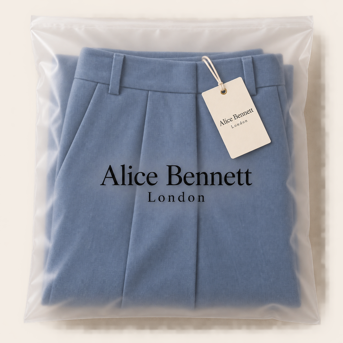 Kalie elegant trousers in Alice Bennett London branded polybag with hangtag