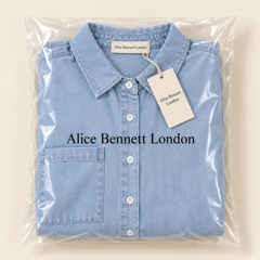 Karen light-blue denim midi dress folded in Alice Bennett London branded packaging