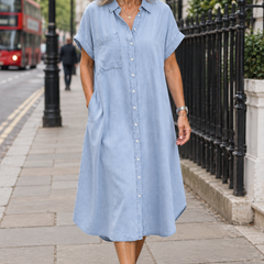 Karen light-blue button-front denim midi dress worn by a mature woman walking in London