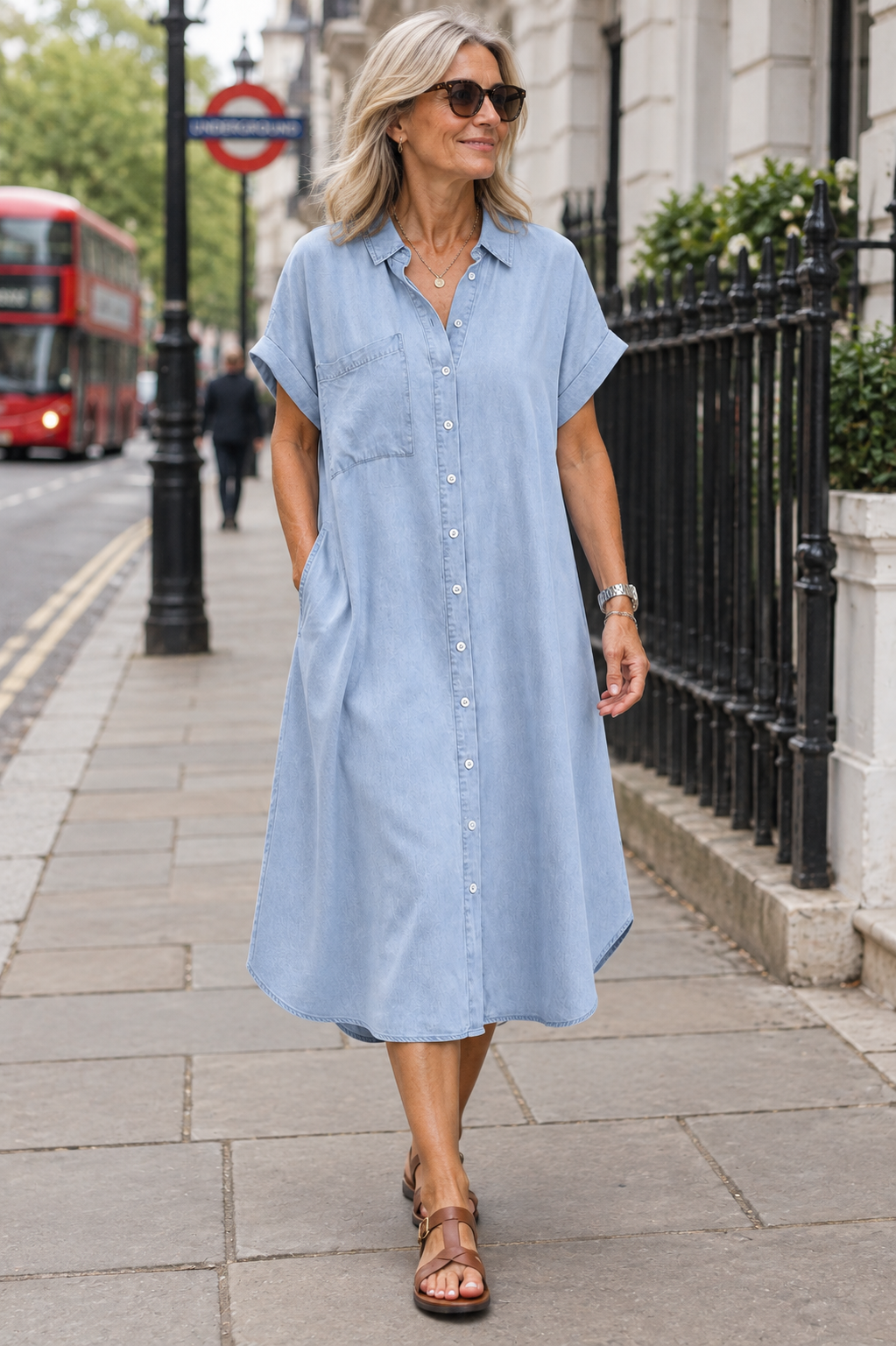 Karen light-blue button-front denim midi dress worn by a mature woman walking in London