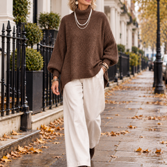 Kathleen Brown turtleneck sweater walking in London