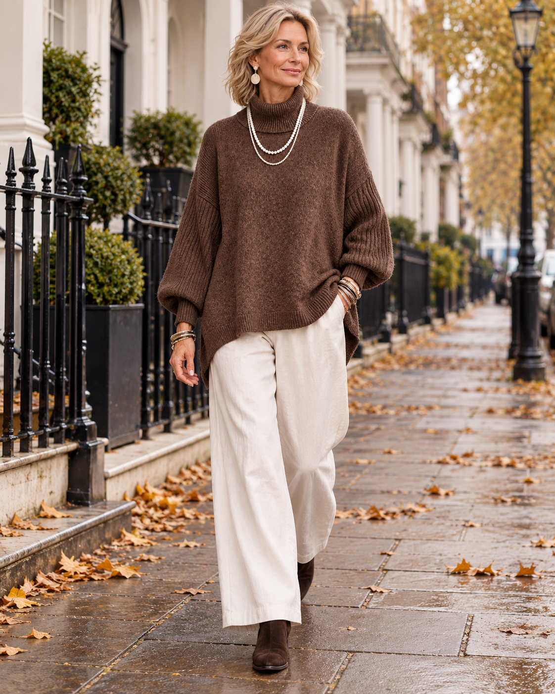 Kathleen Brown turtleneck sweater walking in London