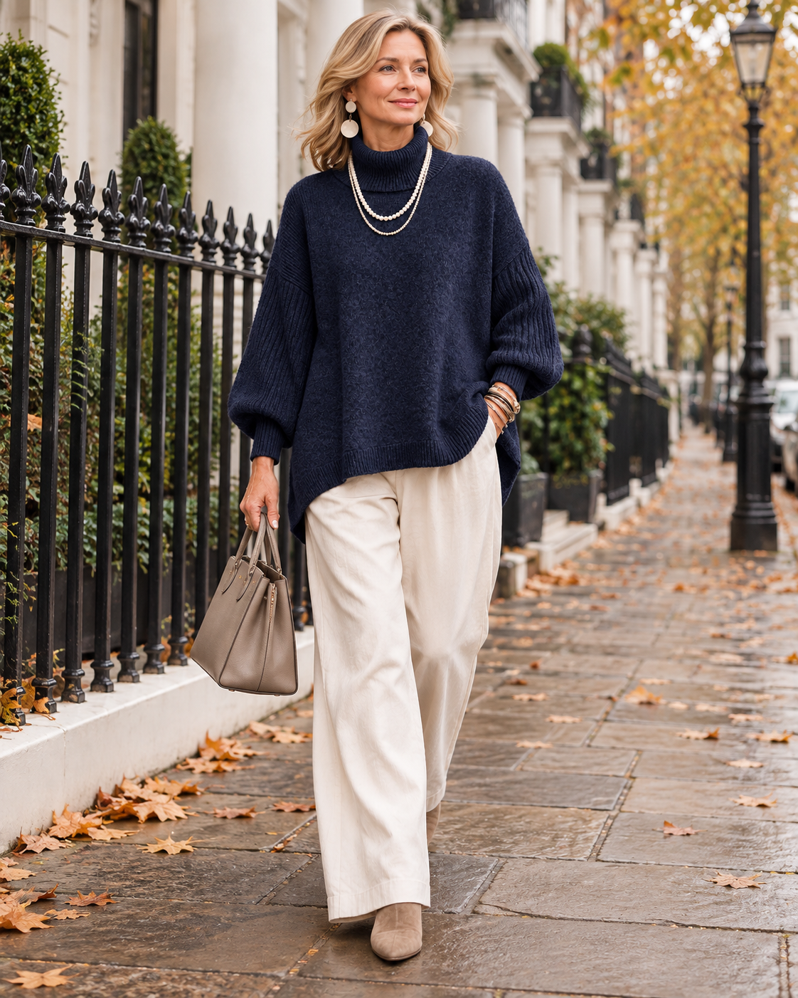 Kathleen Navy turtleneck sweater walking in London