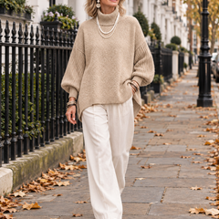 Kathleen Beige turtleneck sweater walking in London