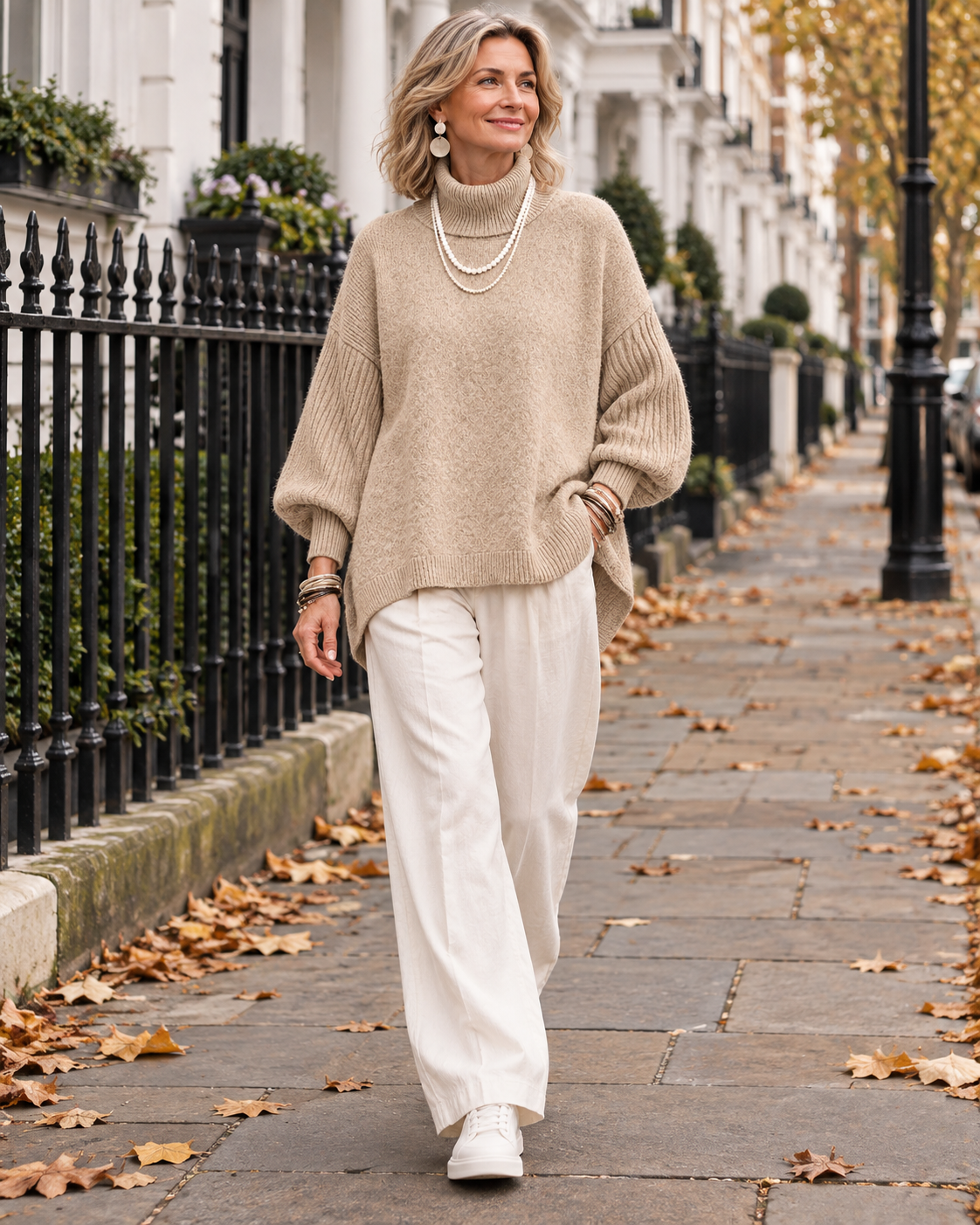 Kathleen Beige turtleneck sweater walking in London