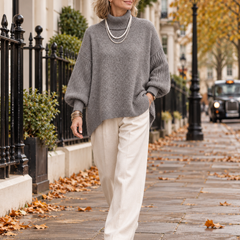 Kathleen Grey turtleneck sweater walking in London