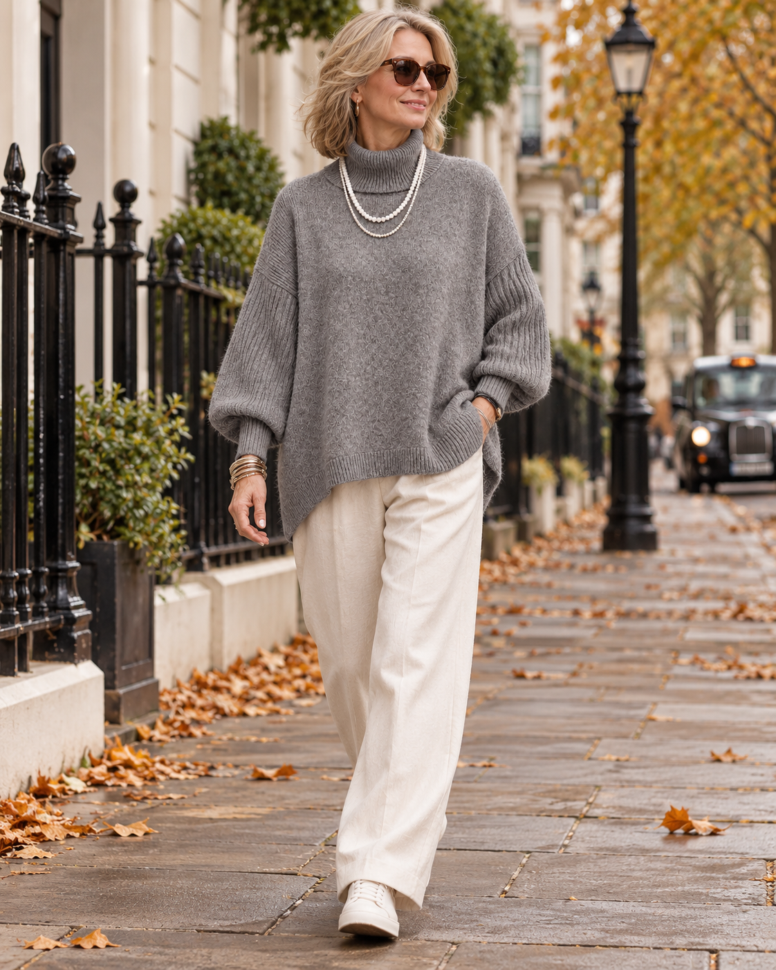 Kathleen Grey turtleneck sweater walking in London