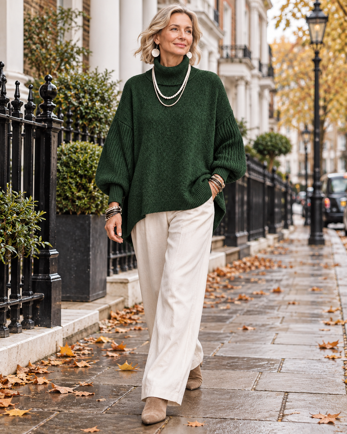 Kathleen Dark Green turtleneck sweater walking in London