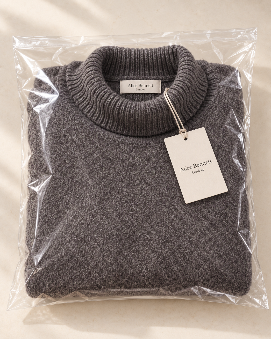 Kathleen Grey turtleneck sweater in Alice Bennett London polybag with hangtag and neck label