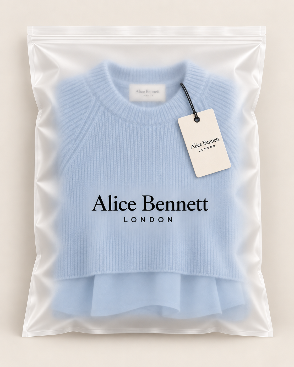 Blue Kestlyn layered-look sweater inside an Alice Bennett London polybag