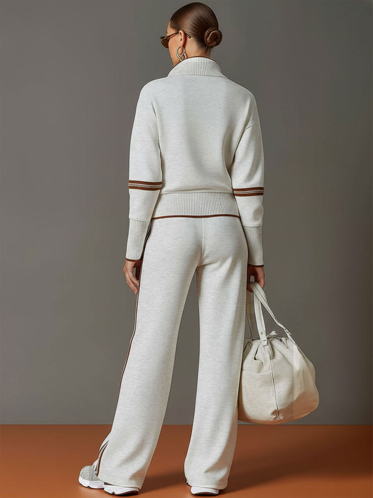 Grey-White Half-Zip Sweatshirt & Wide-Leg Trousers Set