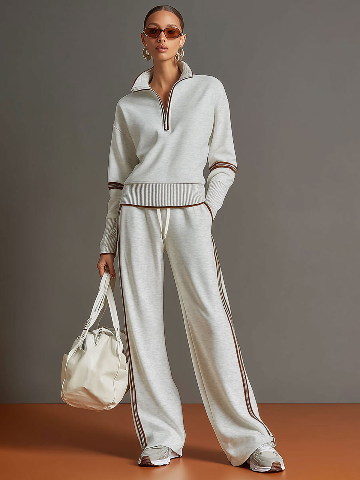 Grey-White Half-Zip Sweatshirt & Wide-Leg Trousers Set
