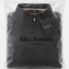 Lars black jacket folded in Alice Bennett London polybag with branded hangtag and necklabel