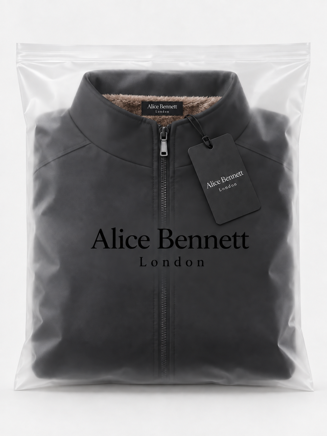 Lars black jacket folded in Alice Bennett London polybag with branded hangtag and necklabel