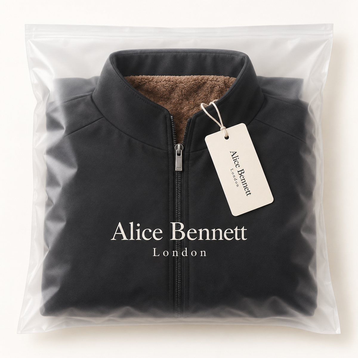 Lars men's thermal waterproof jacket folded in Alice Bennett London polybag