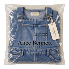 Lauren denim dungarees in Alice Bennett London packaging