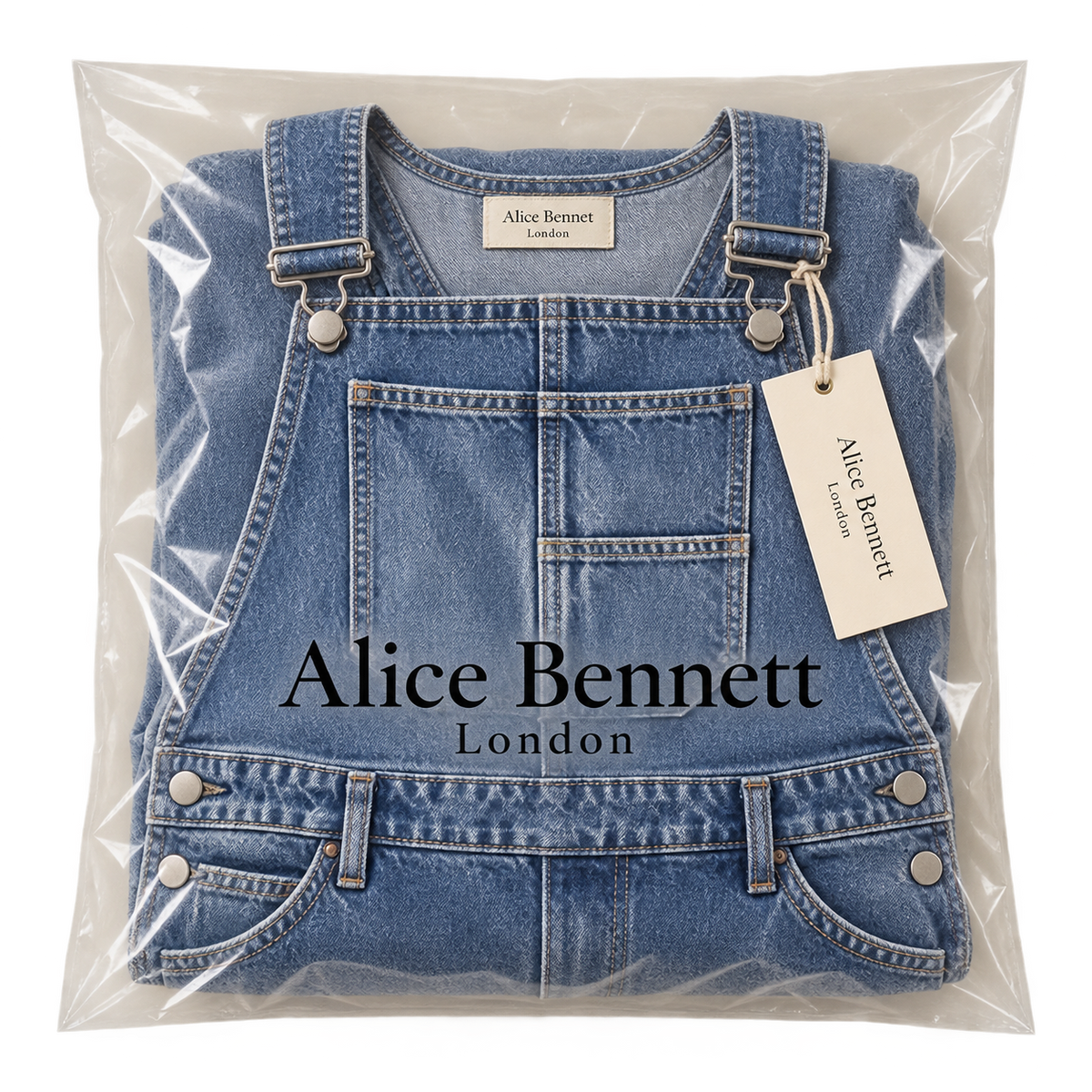 Lauren denim dungarees in Alice Bennett London packaging