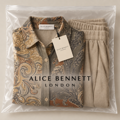 Laurienne printed shirt and trouser set in Alice Bennett London packaging