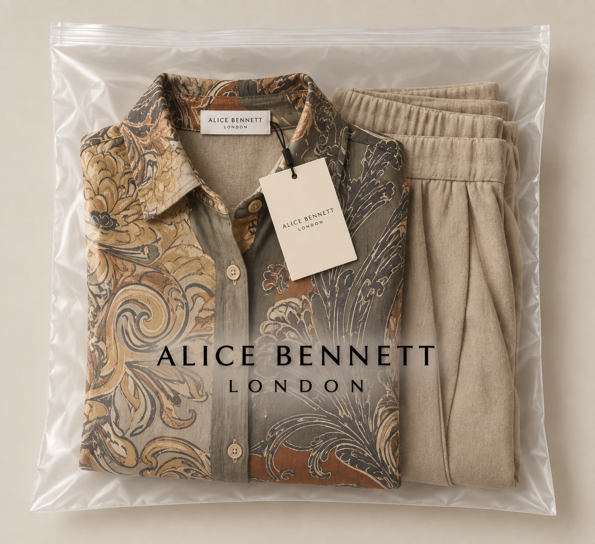 Laurienne printed shirt and trouser set in Alice Bennett London packaging