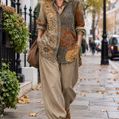 Laurienne printed shirt and trouser set worn in London