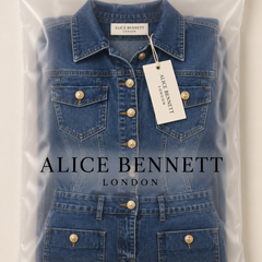 Leila | Gold-Button Denim Maxi Dress in Alice Bennett London packaging