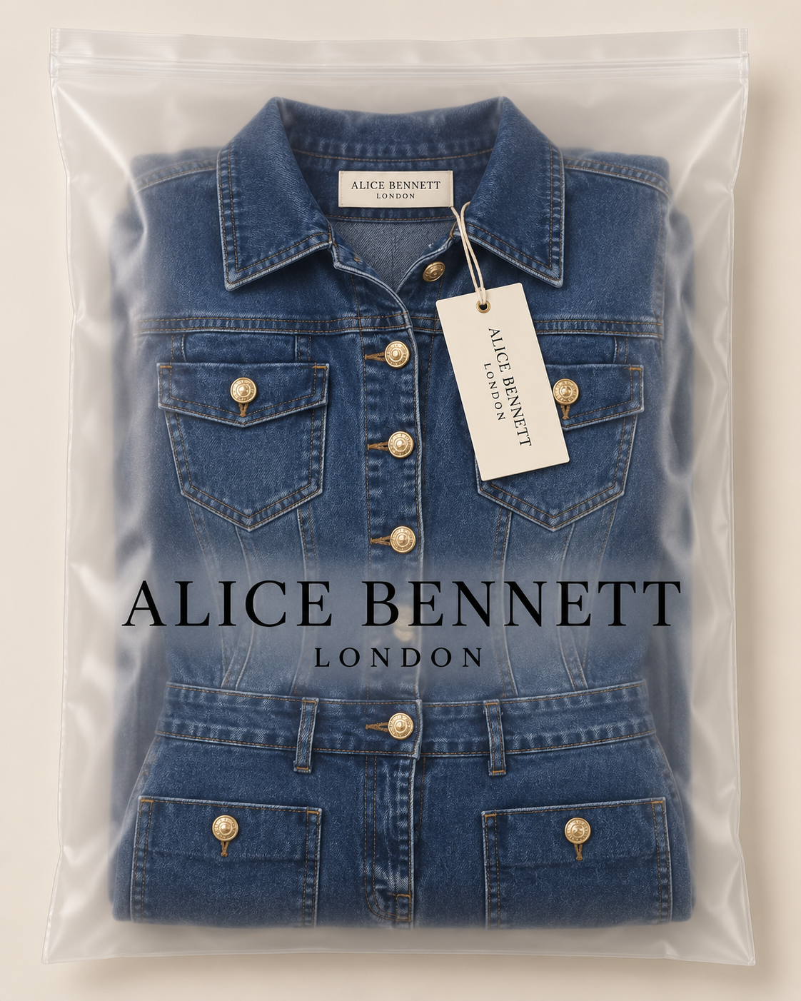 Leila | Gold-Button Denim Maxi Dress in Alice Bennett London packaging