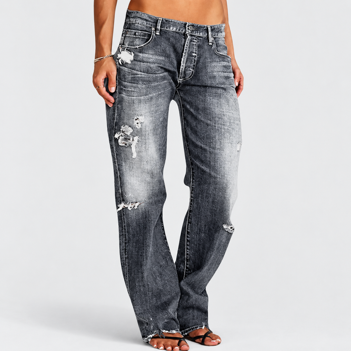 Lianette grey distressed wide-leg jeans