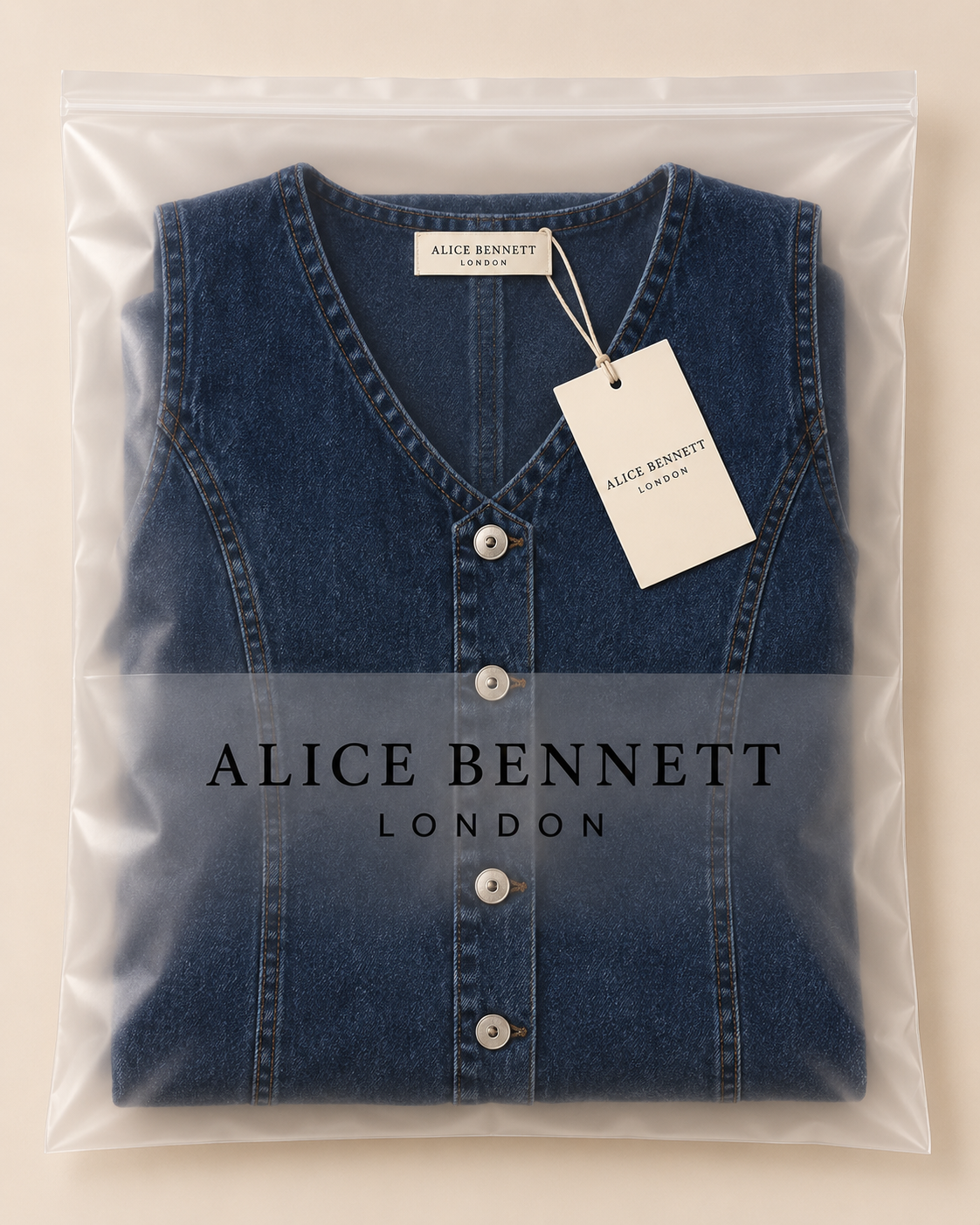 Lila denim mini dress in Alice Bennett London packaging