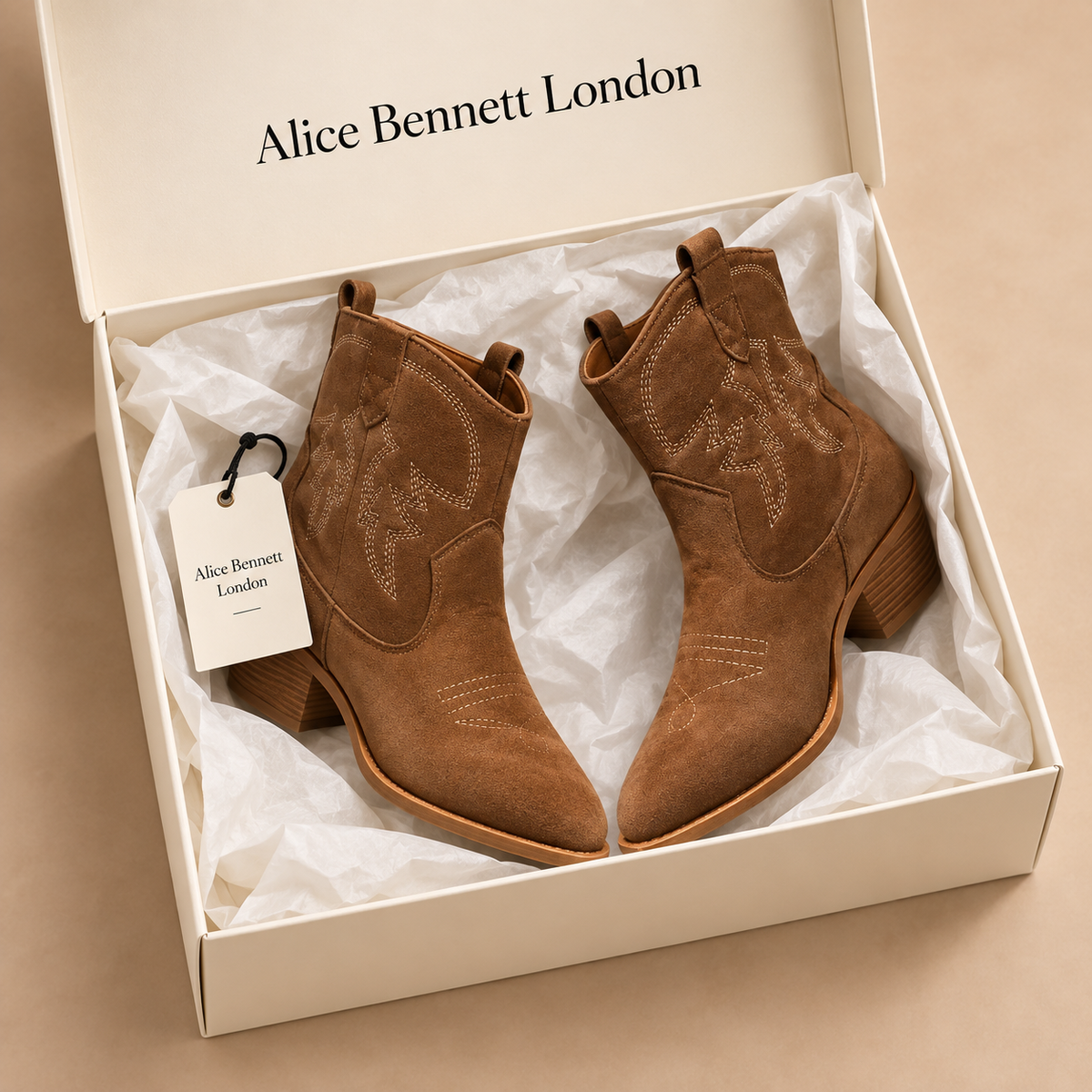 Lillian Western Boots in an Alice Bennett London shoebox