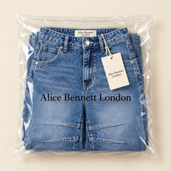 Linda cropped barrel-leg jeans folded in Alice Bennett London branded packaging