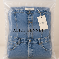 Linda | Strapless Wide-Leg Denim Jumpsuit in Alice Bennett London packaging