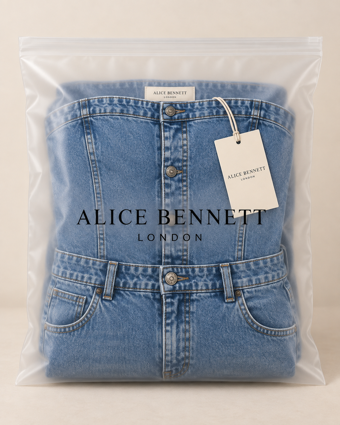 Linda | Strapless Wide-Leg Denim Jumpsuit in Alice Bennett London packaging
