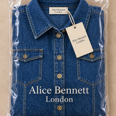 Liora denim maxi dress in Alice Bennett London branded packaging