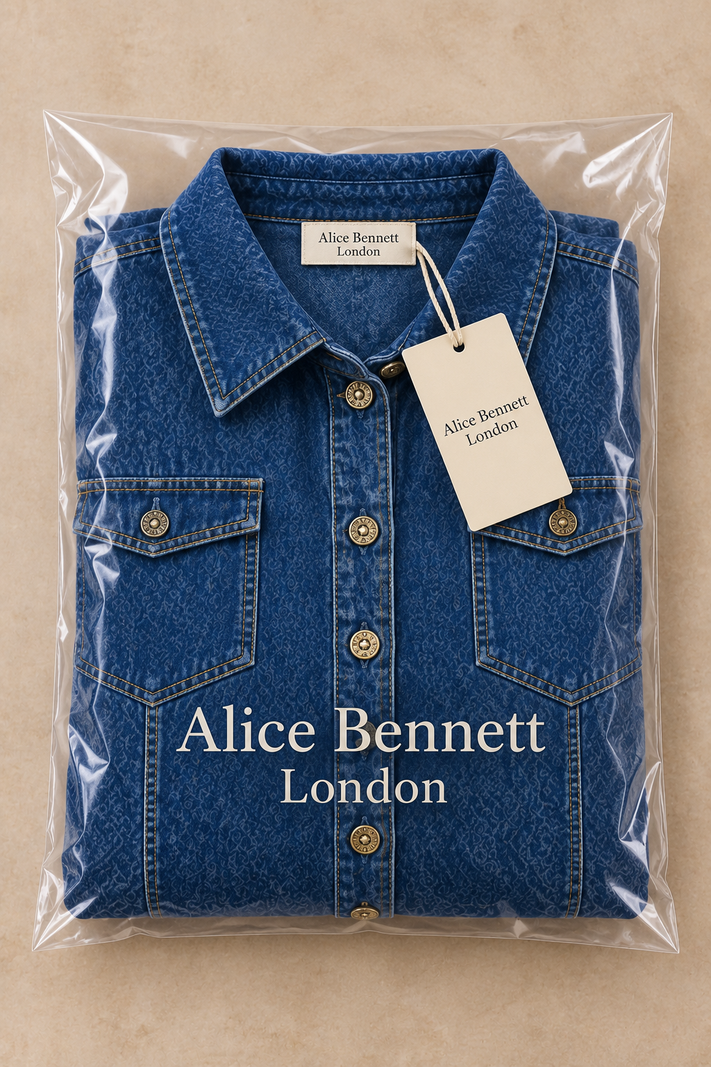 Liora denim maxi dress in Alice Bennett London branded packaging