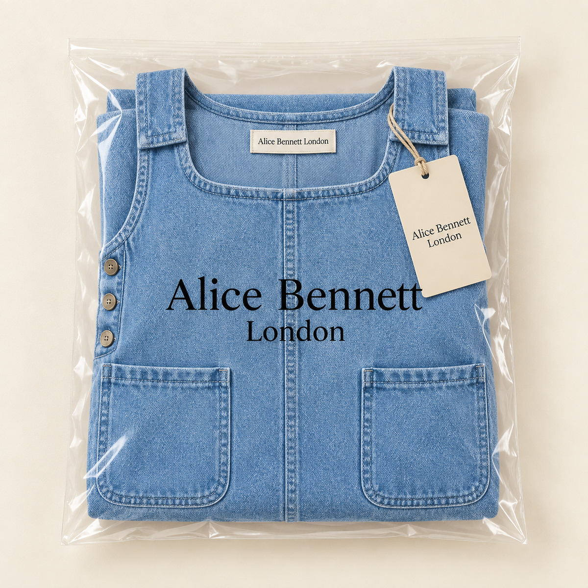 Lisa light-blue denim pinafore dress folded in Alice Bennett London branded packaging
