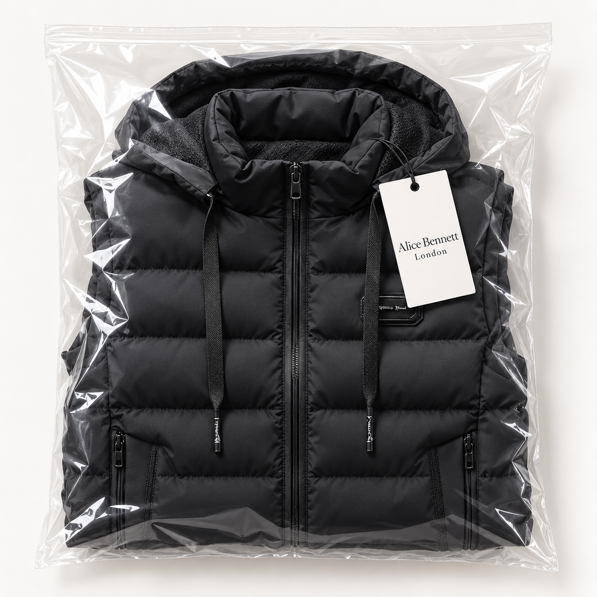 Lucas black hooded puffer vest in Alice Bennett London packaging