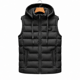 Lucas black hooded puffer vest on white background