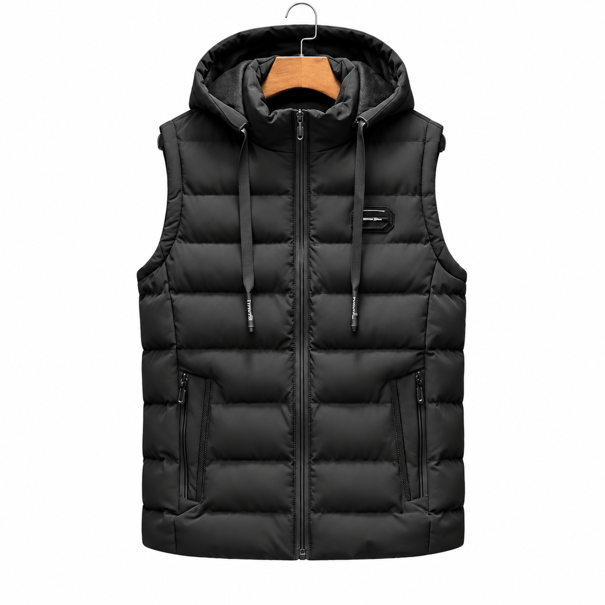 Lucas black hooded puffer vest on white background