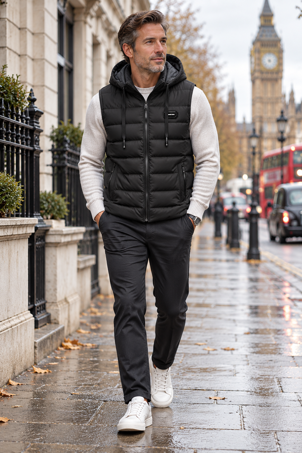 Lucas black hooded puffer vest worn by a man walking in London