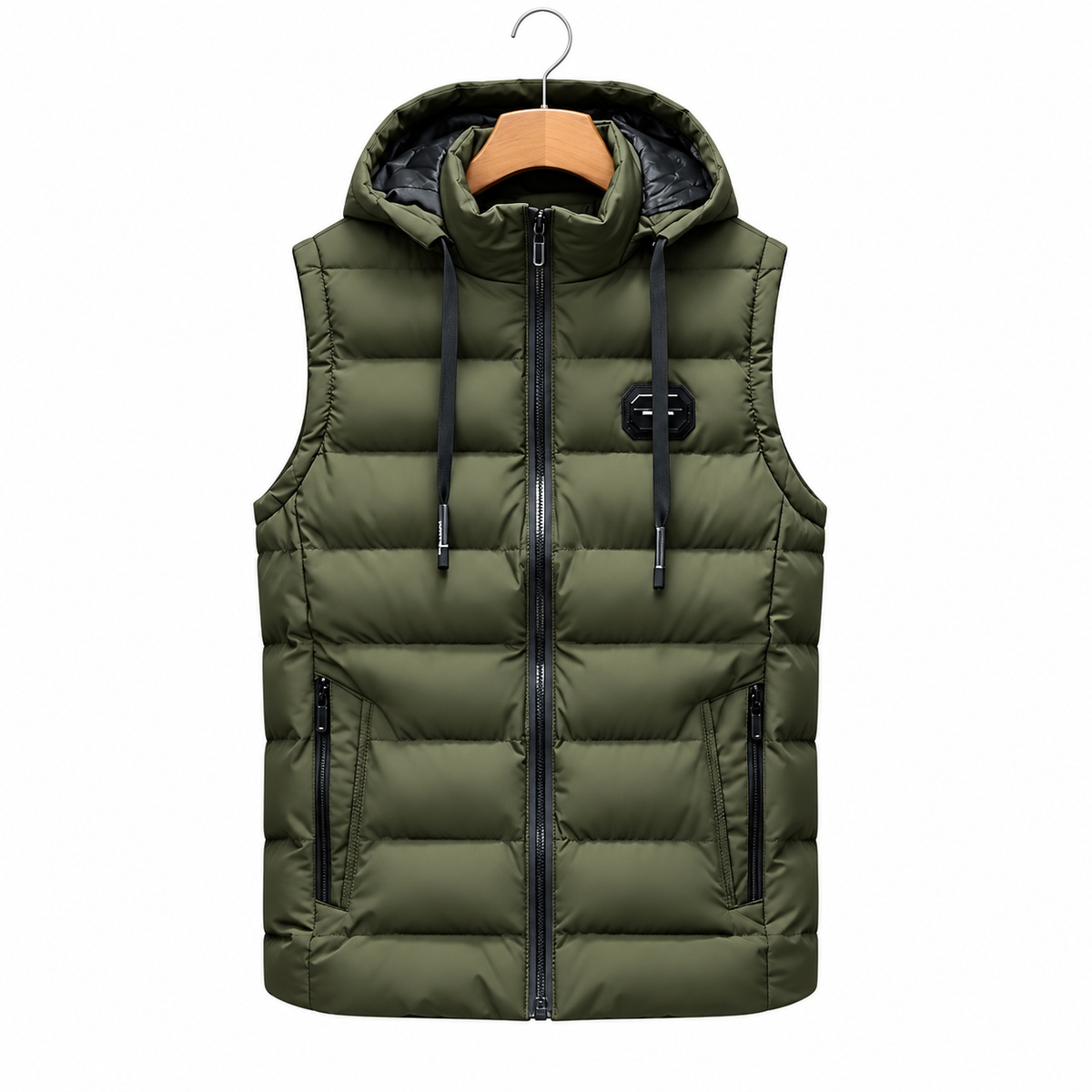 Lucas military green hooded puffer vest on white background