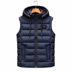 Lucas navy blue hooded puffer vest on white background