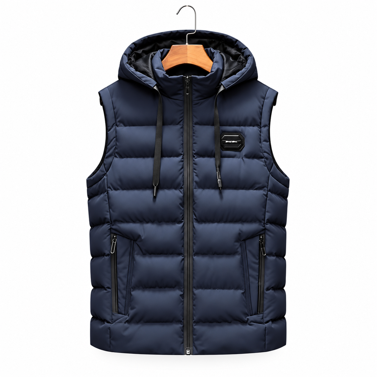 Lucas navy blue hooded puffer vest on white background