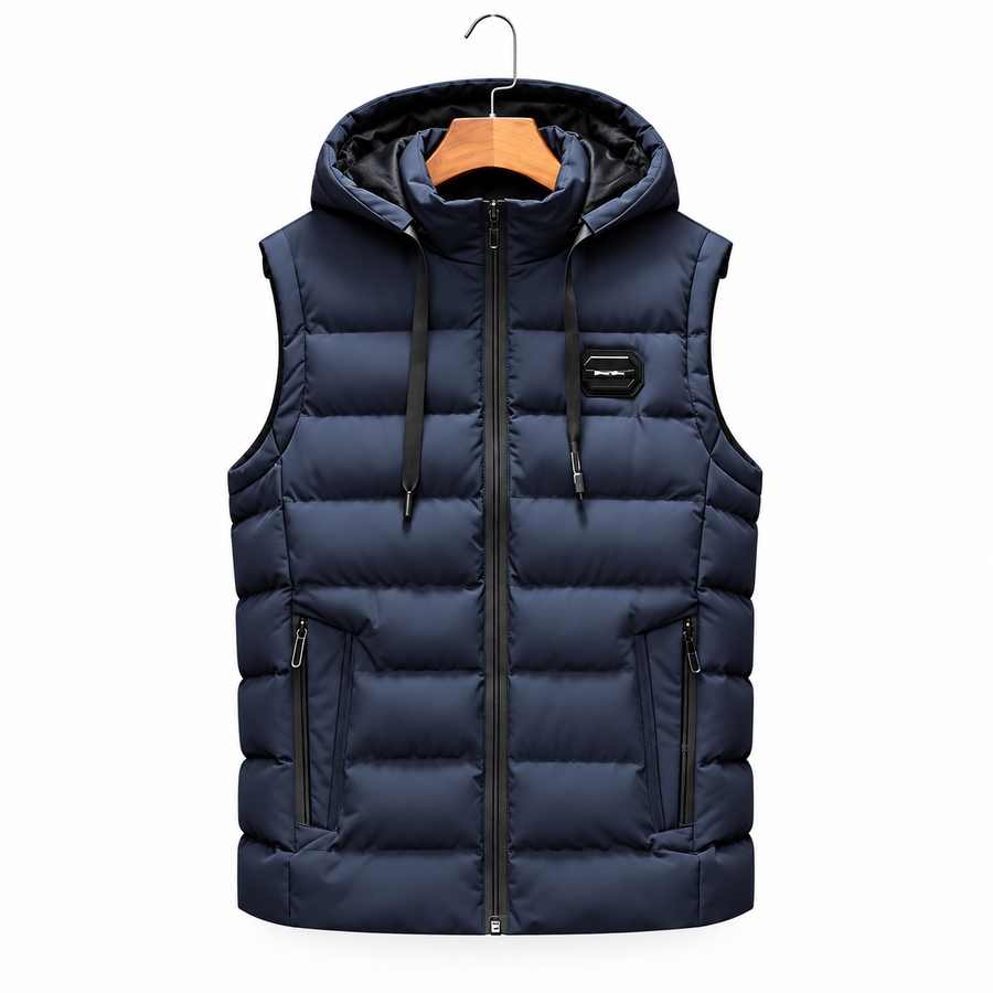 Lucas navy blue hooded puffer vest on white background