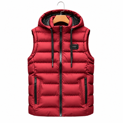 Lucas red hooded puffer vest on white background