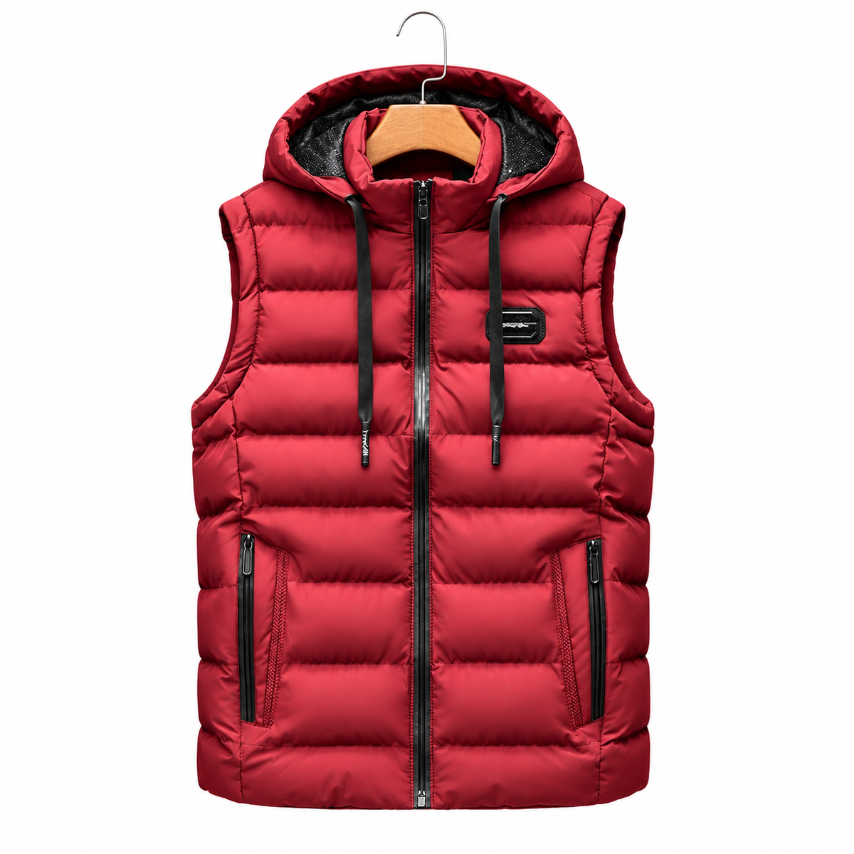 Lucas red hooded puffer vest on white background