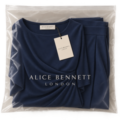 Lucretia navy draped two-piece set in Alice Bennett London packaging