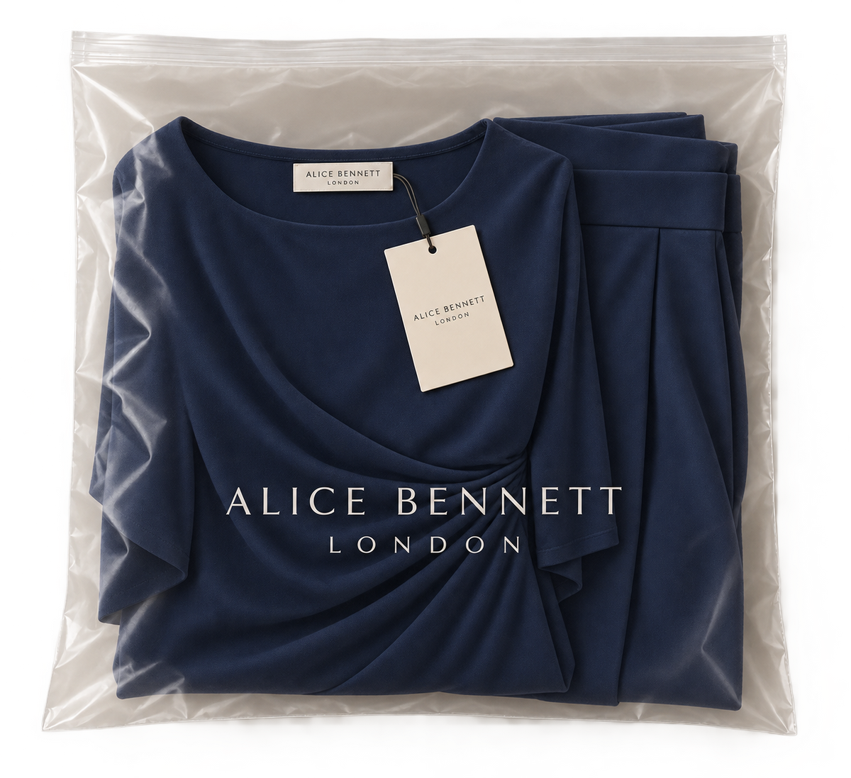 Lucretia navy draped two-piece set in Alice Bennett London packaging