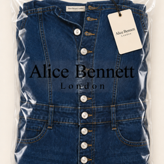 Luna denim jumpsuit in Alice Bennett London packaging with branded neck label